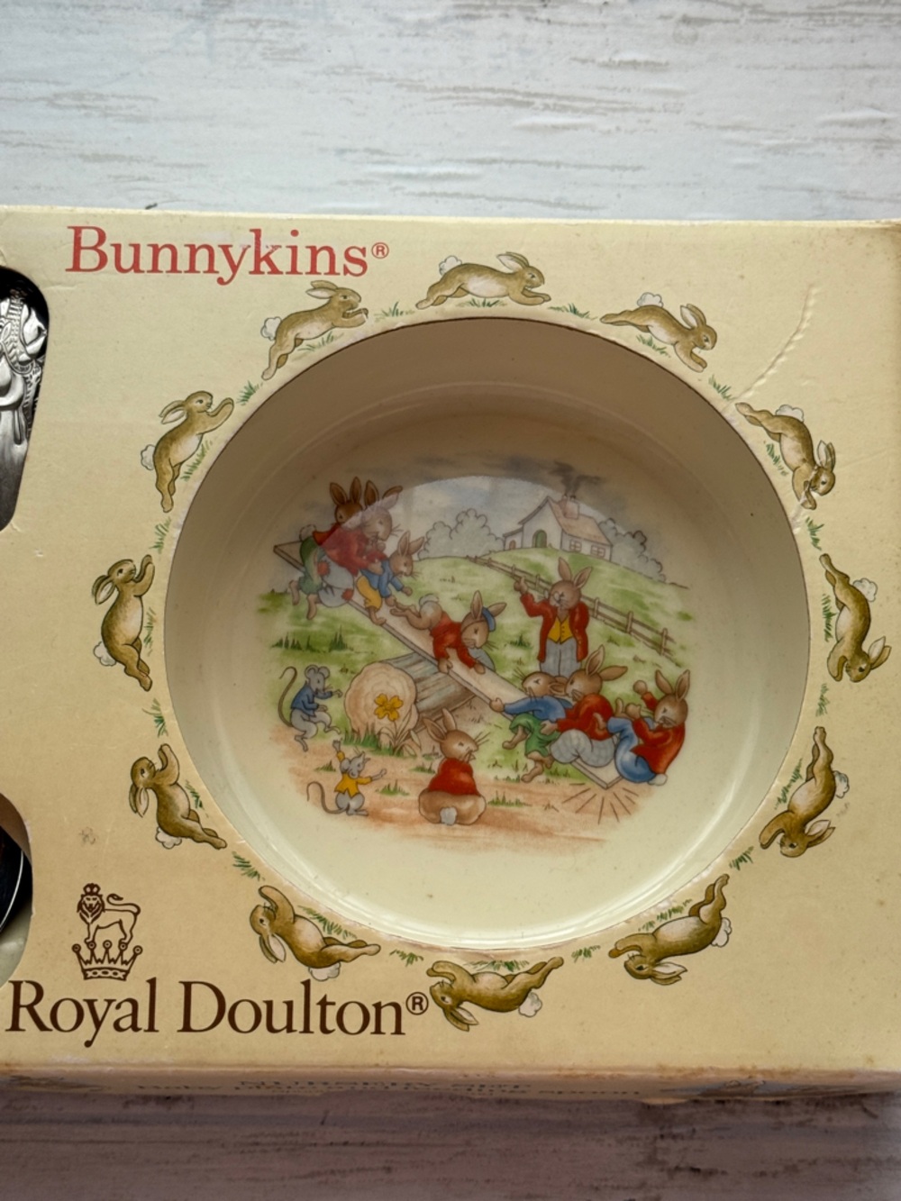 Royal Doulton Bunnykins Bowl - Cream with Pastel Multicolor Rabbit Scene